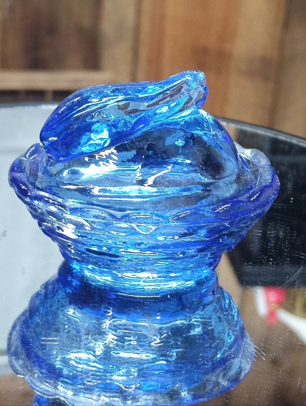 Beautiful Blue Glass Bunny on Nest Mini Salt Cellar ( Green Glow )